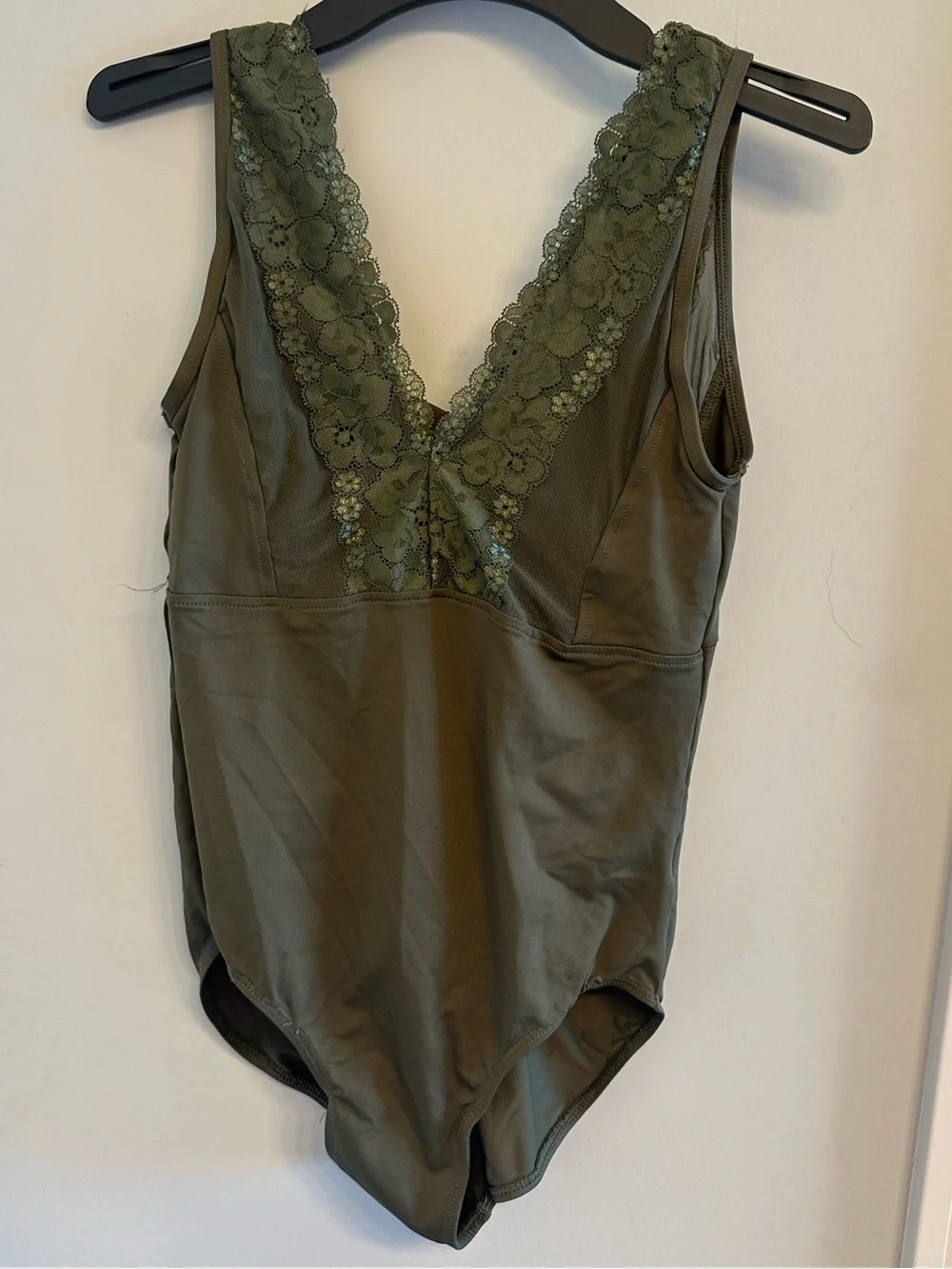 Olive Lace Trim V-Neck ballet leotard - Picture 1 of 7